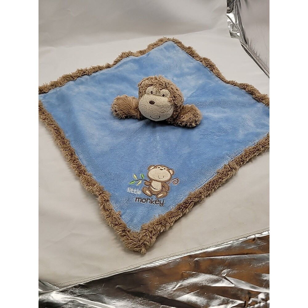 Baby Starters Blue Brown Little Monkey Lovey Security Blanket Rattle Fringe